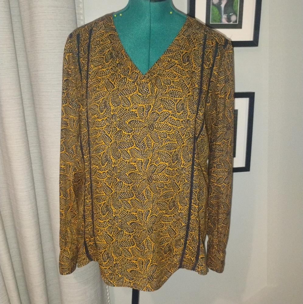 Hinge Paisley Print Blouse with Lace Insets Blue & Yellow Sz Large